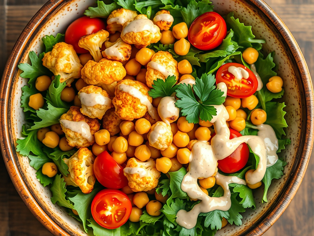 Fırında Karnabahar ve Nohut Salatası Tahinli Yoğurtlu