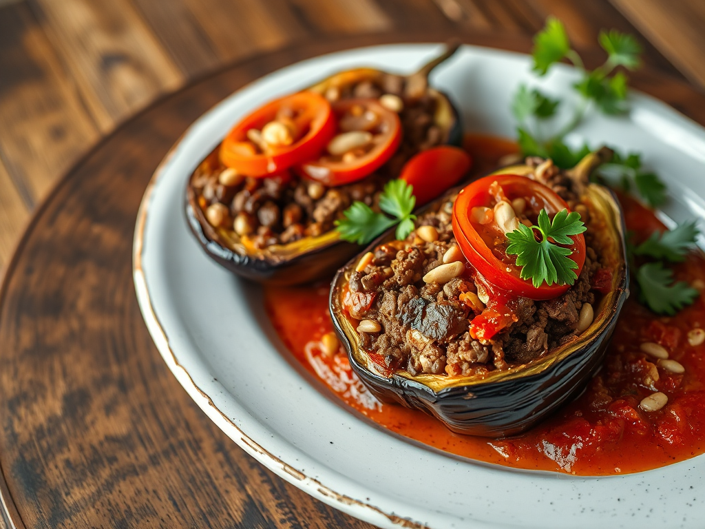 Stuffed Eggplant with Spiced Beef and Pine Nuts