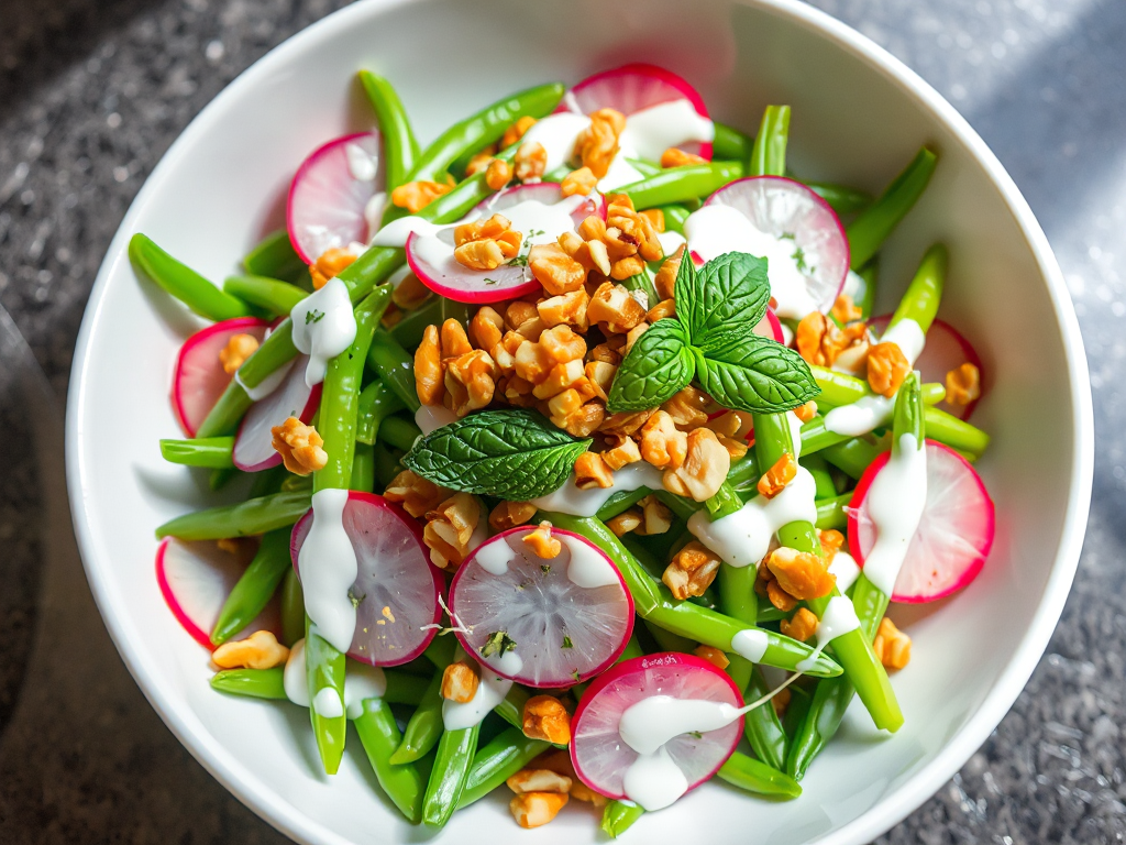 İlkbahar Taze Fasulye ve Turp Salatası Yoğurt-Dereotu Sosu ile