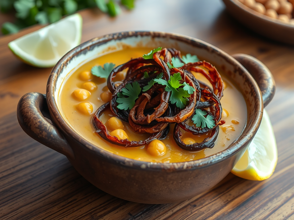 Baharatlı Nohut ve Zerdeçal Çorbası Kızarmış Soğan ile