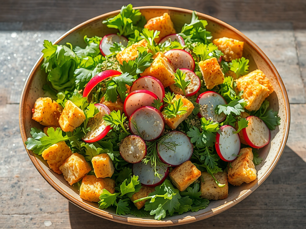 Sumak Soslu Marul ve Ot Salatası, Kızarmış Ekmekli