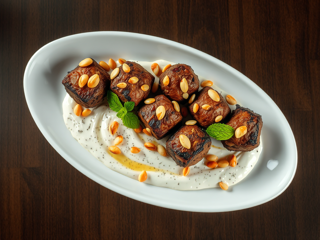 Tahinli Yoğurtlu ve Çam Fıstıklı Baharatlı Kuzu Köfte