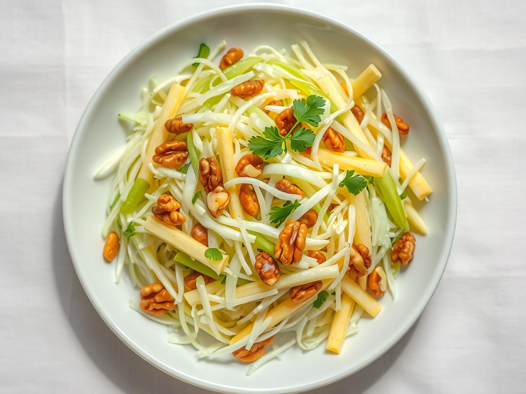 Shredded Cabbage and Apple Salad with Walnuts and Lemon Dressing