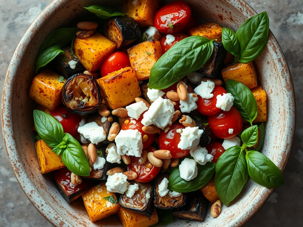 Közlenmiş Patlıcan ve Kiraz Domatesli Ufalanmış Beyaz Peynir ve Çam Fıstıklı Salata