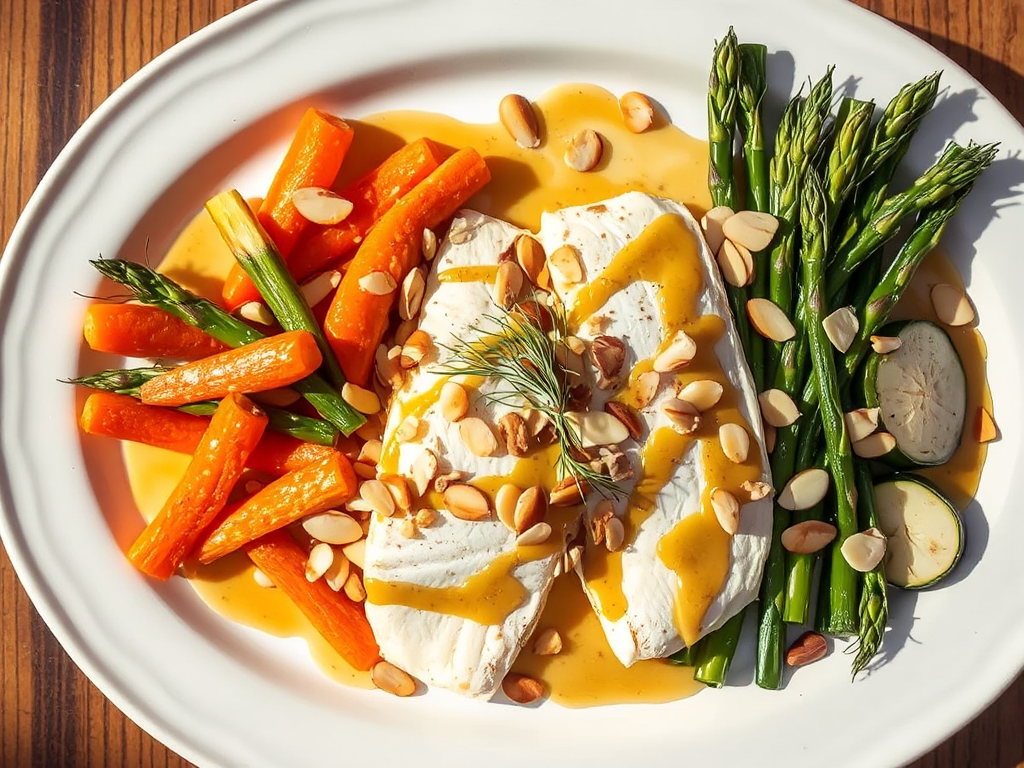 Levrek Buğulama - Bahar Sebzeleri ve Bademli Tereyağı ile Buharda Pişmiş Levrek