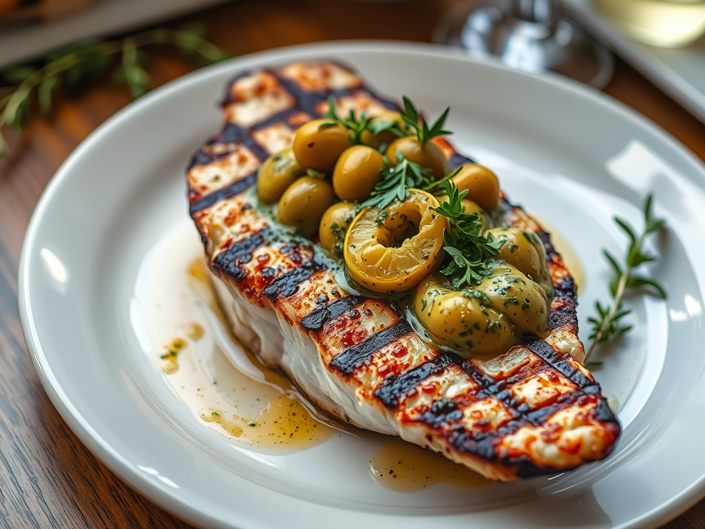 Fas Usulü Harissa Baharatlı Izgara Kılıç Balığı Salamura Limon ve Zeytinli