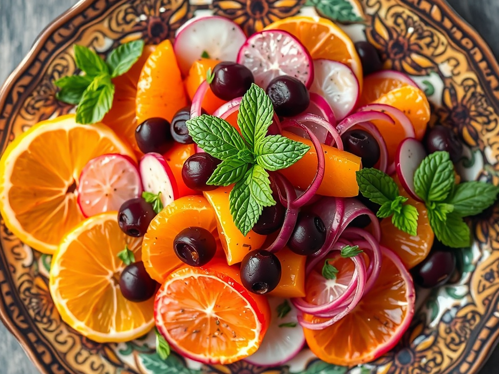 Fas Usulü Portakal ve Turp Salatası Siyah Zeytin ve Portakal Çiçeği Suyulu