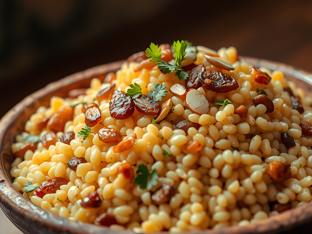 Fas Usulü İri Kuskus Karamelize Soğan, Badem ve Altın Üzümlü