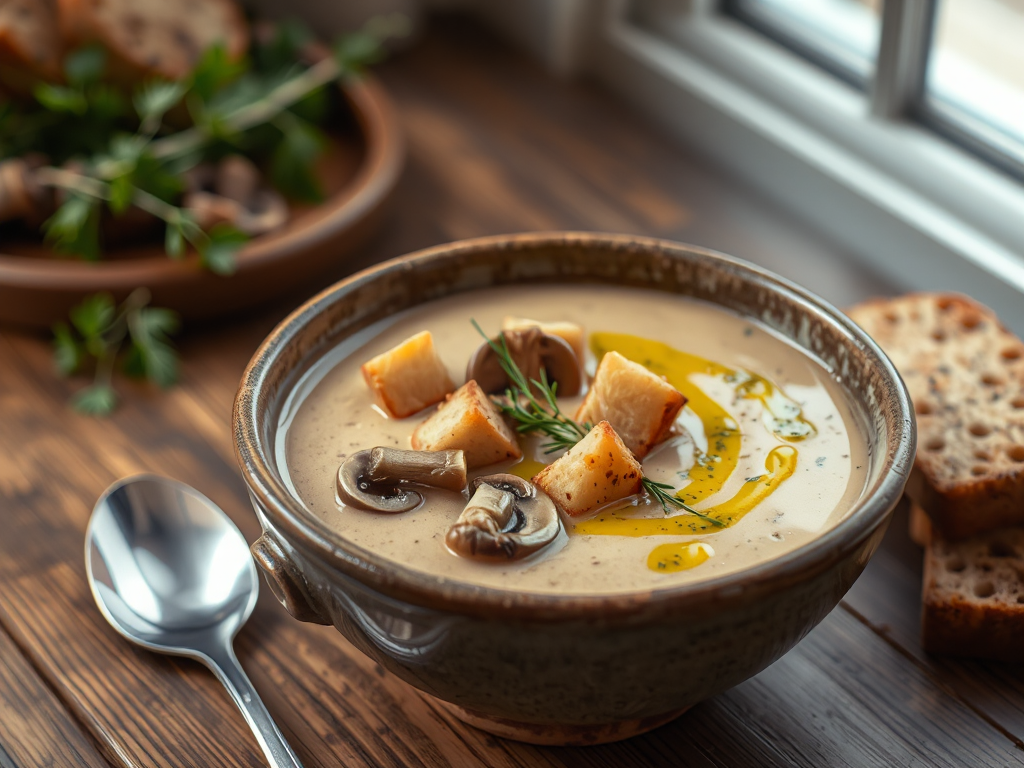 Creamy Mushroom Soup with Thyme and Toasted Bread