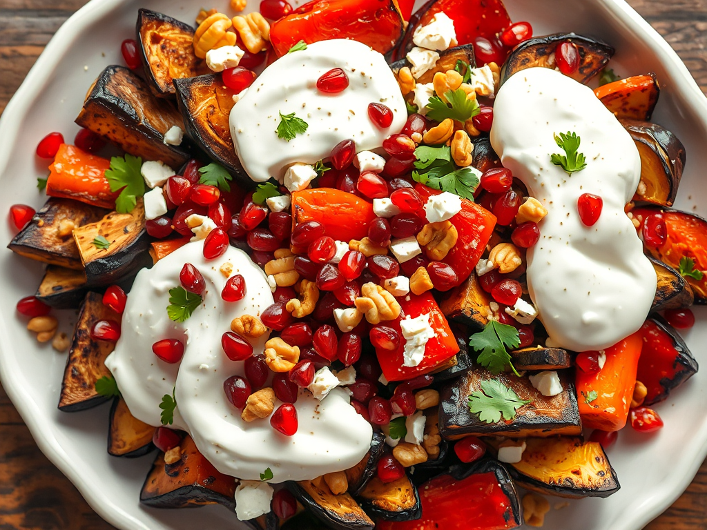 Grilled Eggplant and Red Pepper Salad with Feta and Pomegranate Seeds
